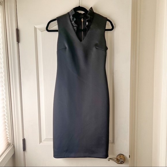 Calvin Klein Scuba Sleeveless V-Neck Ruffle Collar Sheath Dress 2 - Picture 2 of 7